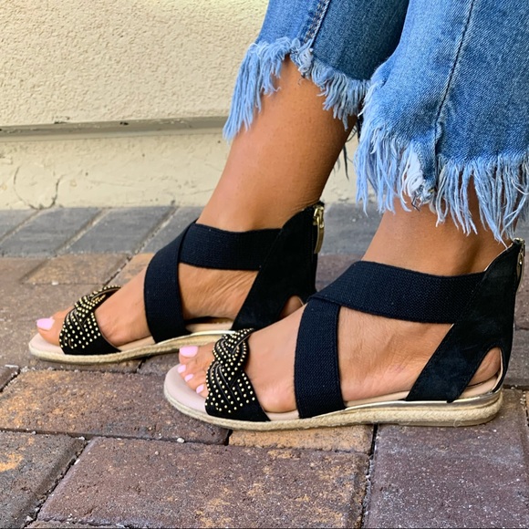 Black Elasticize Straps Studs Vamp Espadrille Flat - Picture 5 of 6